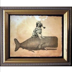 Pug Dog Riding Whale Wall Art Tea Stained Paper